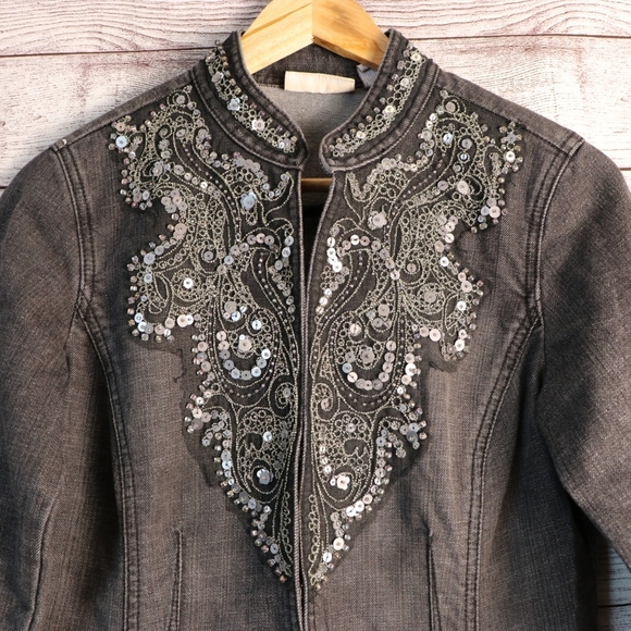 Chico's size 0 beaded embellishment black denim jacket - Picture 1 of 8